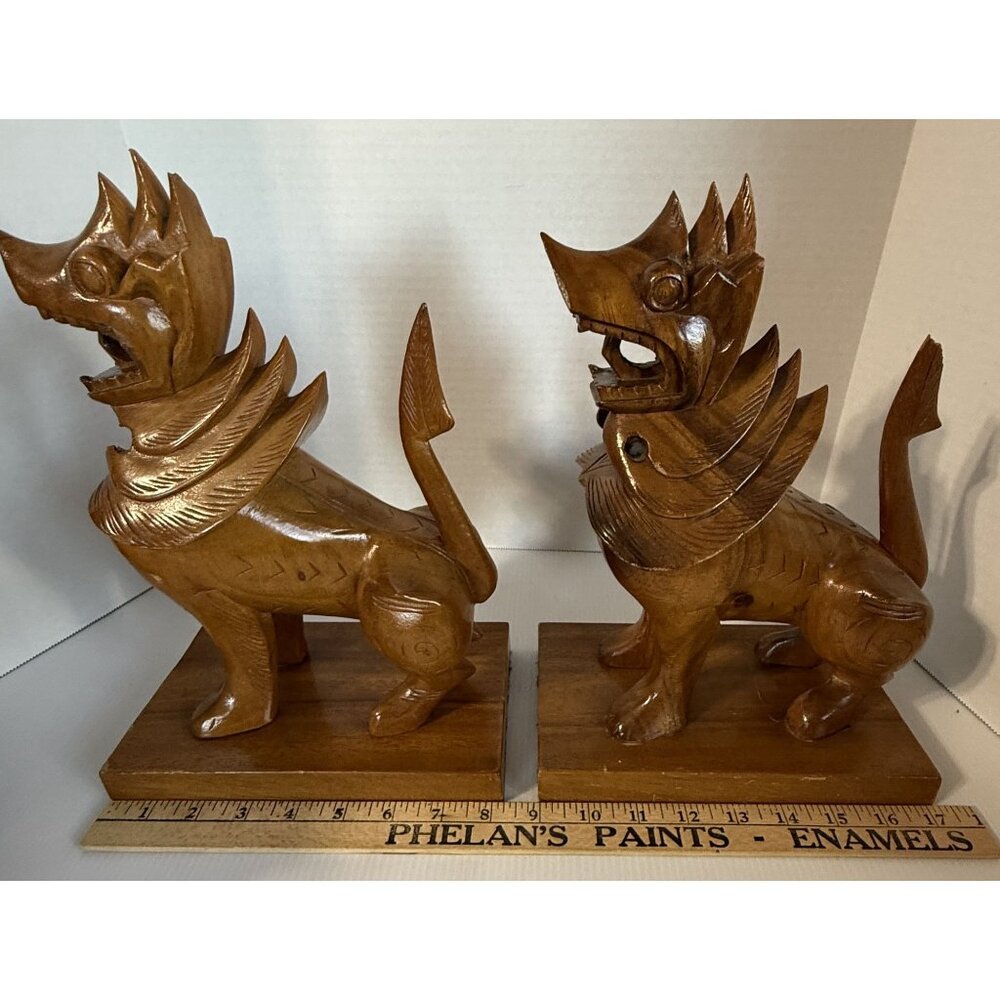 Hand-Carved Wooden Foo Dog Guardian Lion Shisa Statues Vintage - Picture 16 of 16